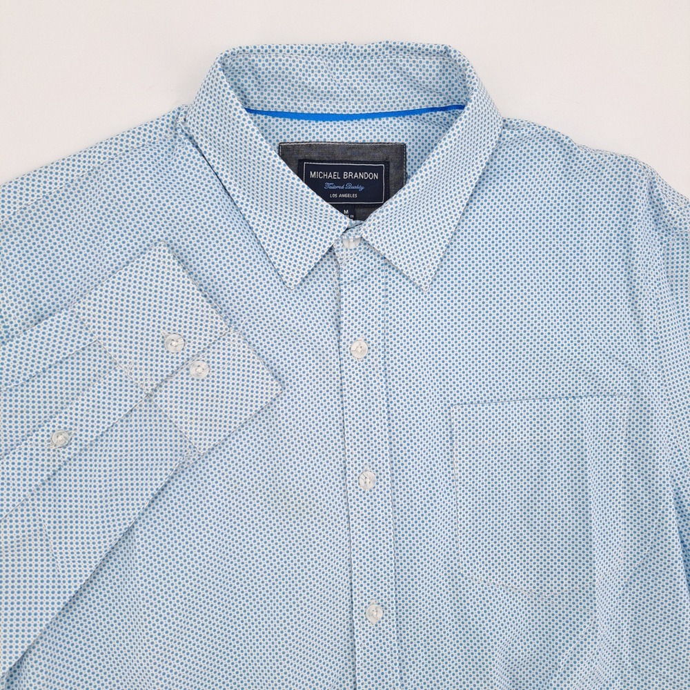 Michael Brandon Button Down Shirt Mens M Cotton Blue White Micro Dot Long Slv